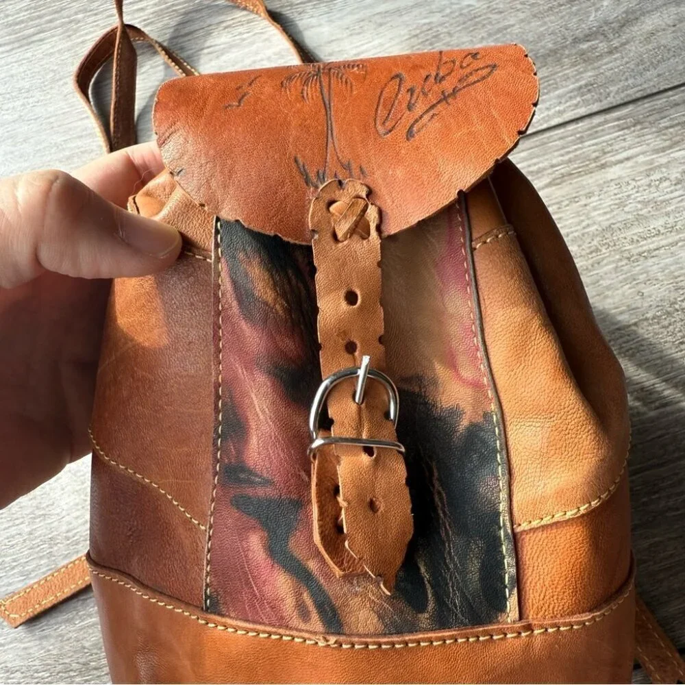 Cognac Tooled Brown Leather Backpack Brown Leather